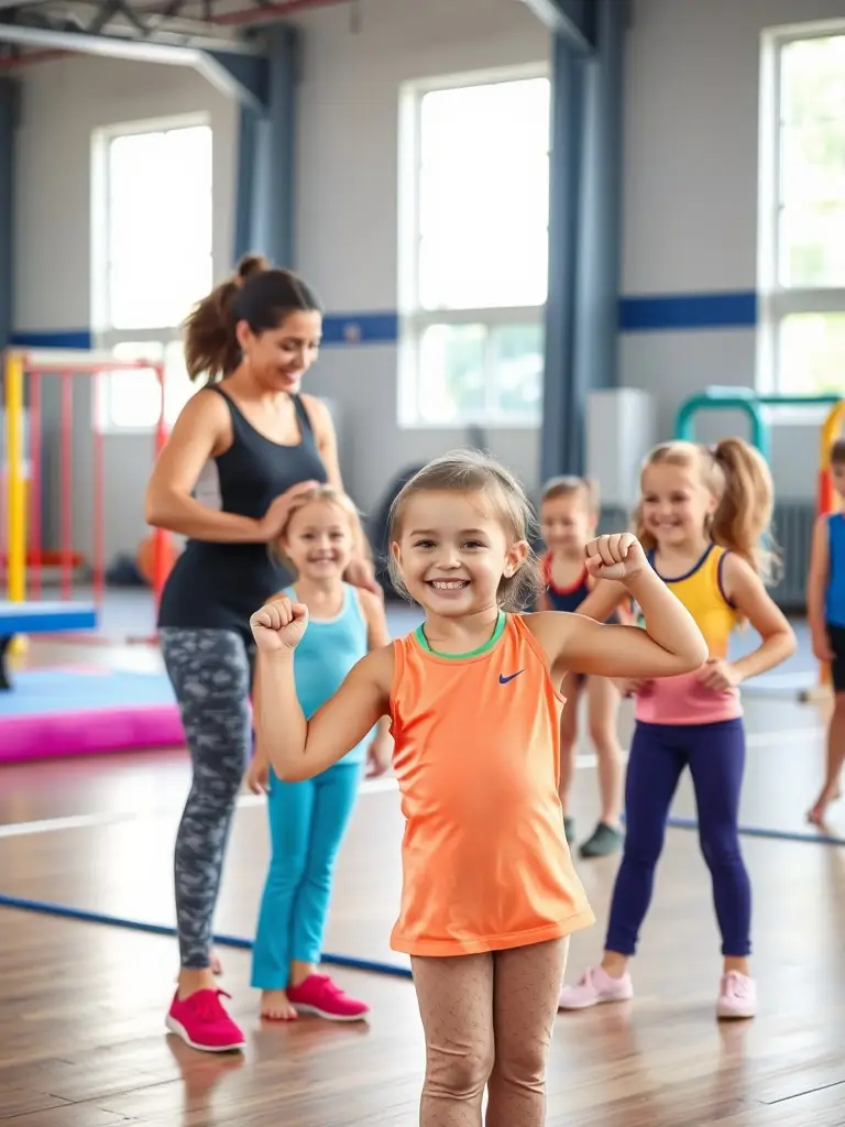 A vibrant image of children participating in a gymnastics class, showcasing their smiles and enthusiasm, with a qualified instructor guiding them.