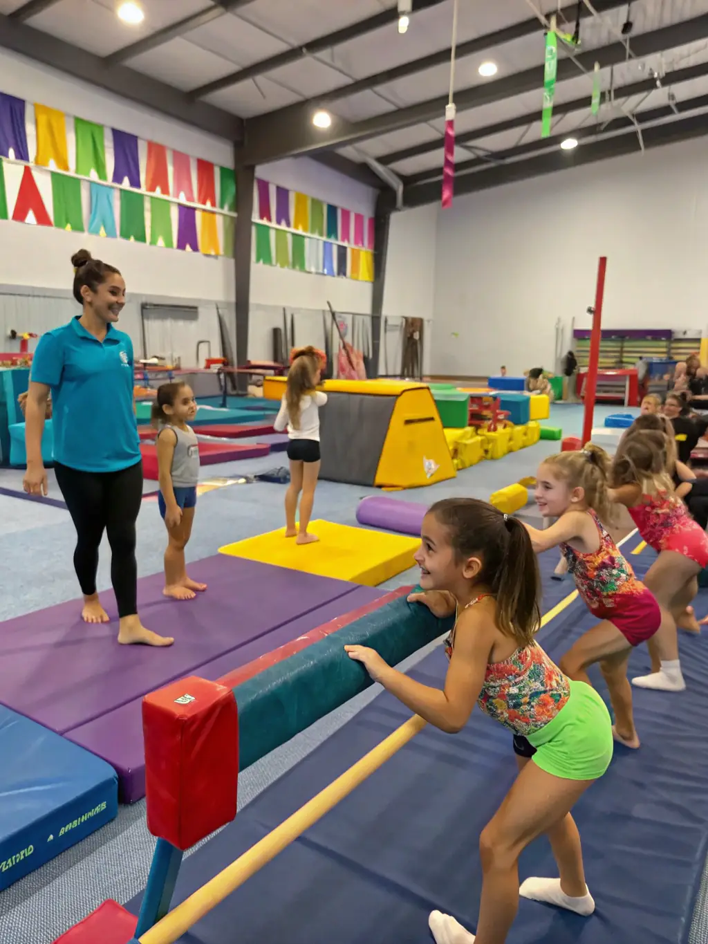 A vibrant image of children participating in a gymnastics class, showcasing their flexibility and joy, with a qualified instructor guiding them.