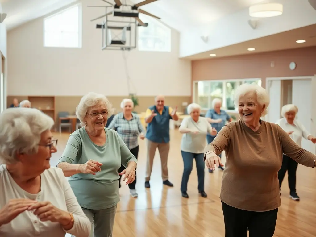 Une image représentant des personnes âgées participant à des exercices de gymnastique adaptés à leurs besoins, mettant en avant la santé et le bien-être.