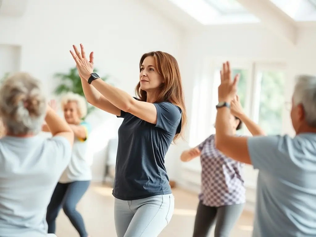 A senior citizen participating in a gentle exercise program at AUBI'GYM, focusing on mobility and balance, with a caring instructor providing assistance.