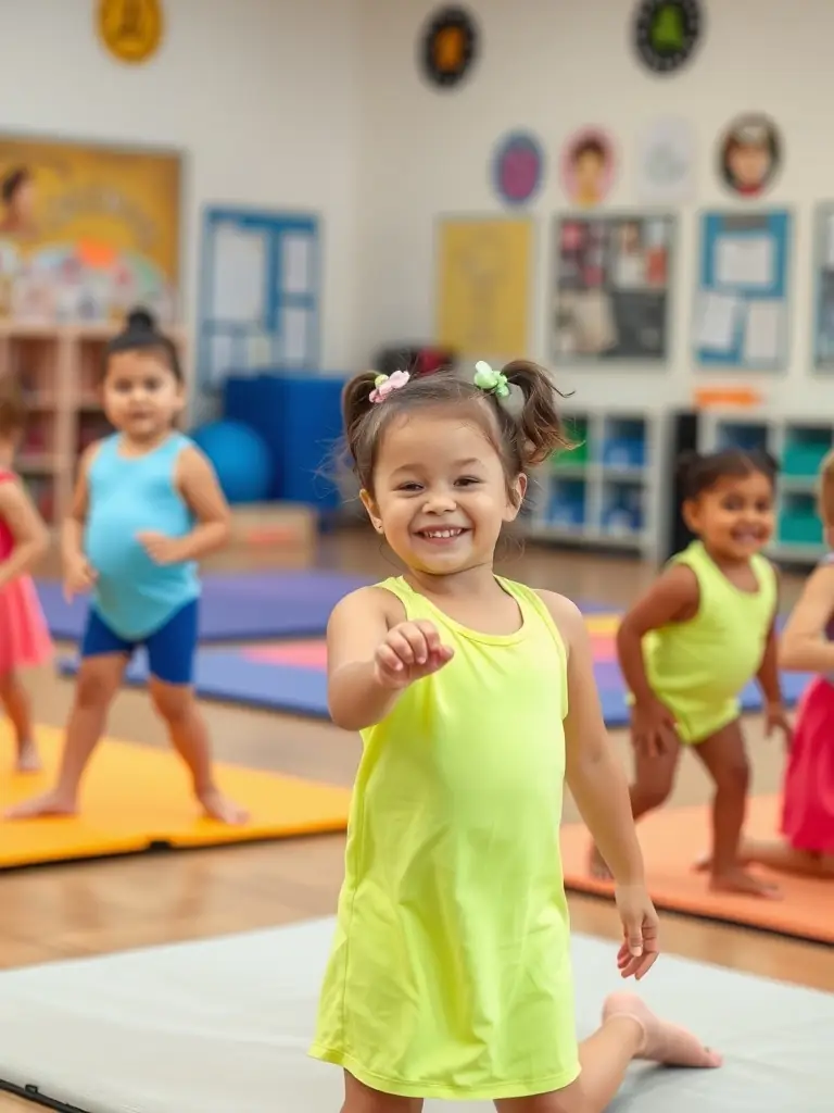 A group of children participating in a gymnastics class at AUBI'GYM, focusing on balance and coordination exercises, with a qualified instructor supervising them.