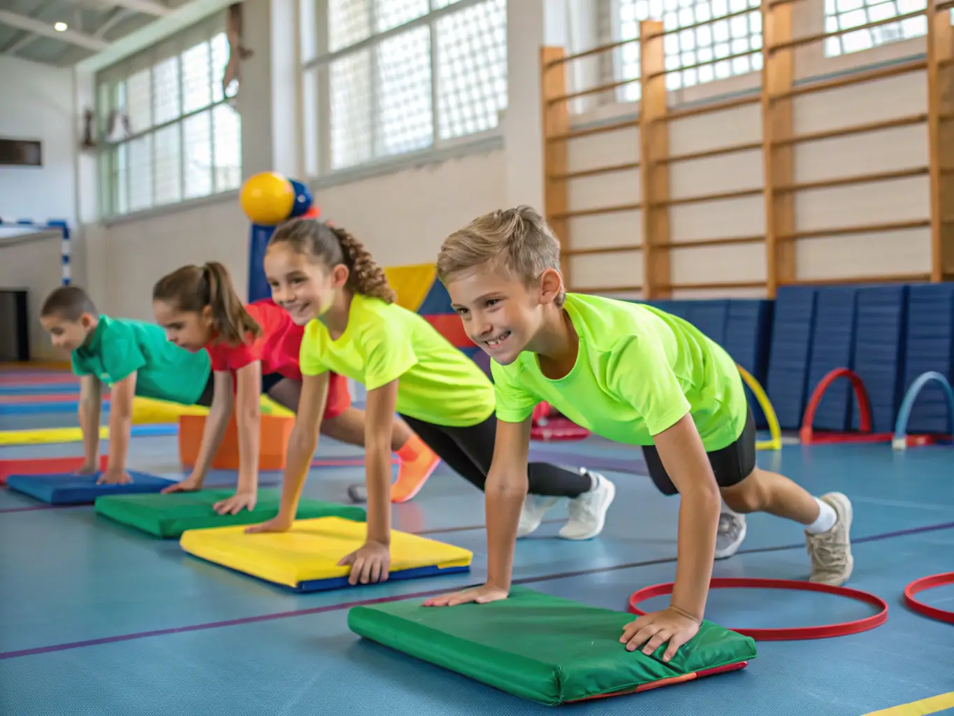 A group of children participating in a gymnastics class at AUBI'GYM, focusing on balance and coordination exercises, with a qualified instructor guiding them.