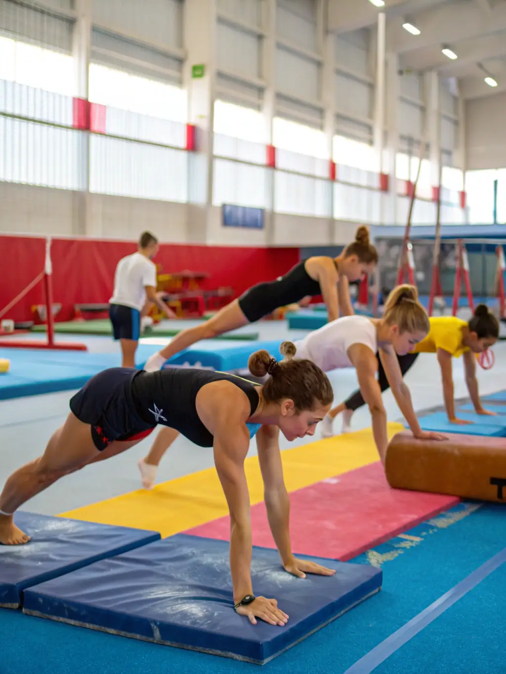 A photo of adults engaged in a rhythmic gymnastics session, demonstrating flexibility and coordination, set in a well-equipped gymnasium.