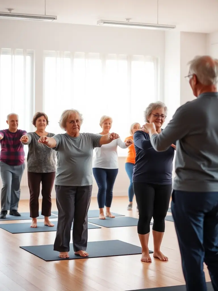 Seniors participating in a gentle gymnastics class at AUBI'GYM, focusing on mobility and balance exercises, promoting healthy aging.