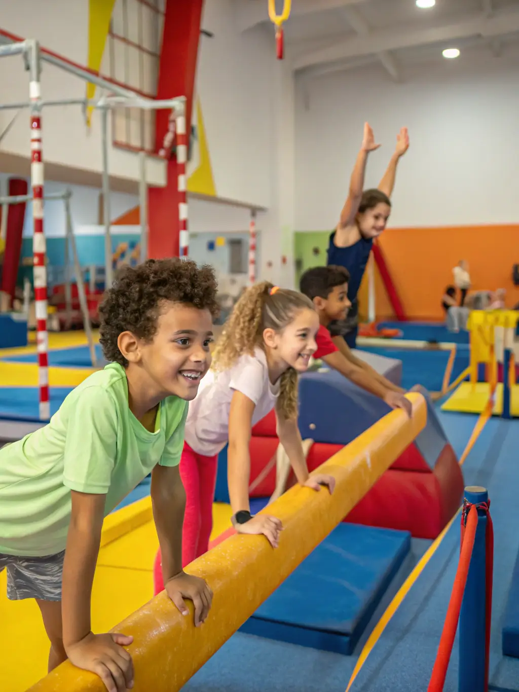 Teenagers engaged in a rhythmic gymnastics session at AUBI'GYM, practicing with ribbons and balls, showcasing grace and flexibility.
