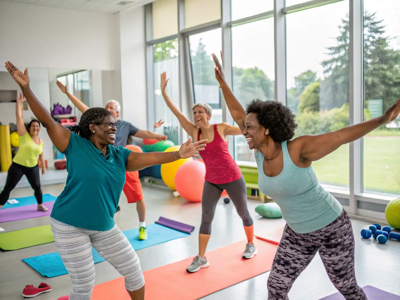 A diverse group of adults participating in a fitness class at AUBI'GYM, doing various exercises to improve strength and cardiovascular health, with a focus on community engagement.