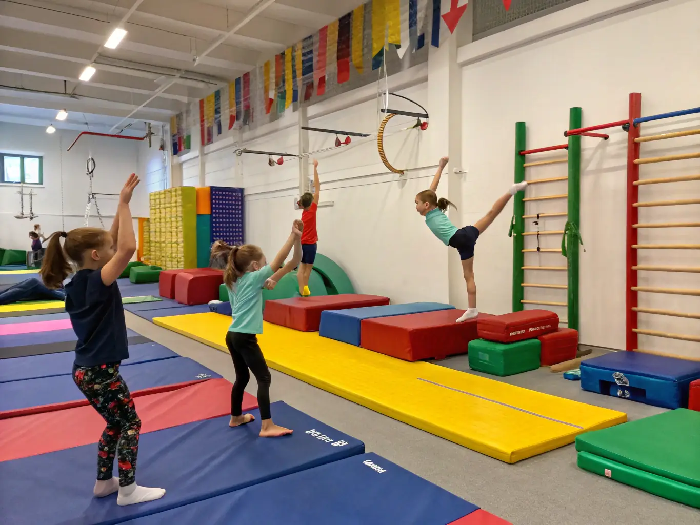 Une image dynamique montrant des enfants et des adultes pratiquant la gymnastique dans une salle équipée, avec des entraîneurs attentifs et souriants.